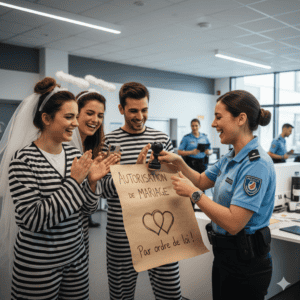 Futurs mariés déguisés en prisonniers souriant devant une policière en uniforme qui tamponne une autorisation de mariage factice dans un commissariat.