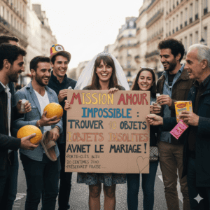 Une future mariée tenant une pancarte de mission pour trouver des objets insolites (melon, pantoufle, boîte de conserve) entourée de ses amis dans la rue lors d'un EVJF.
