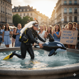 Future mariée en combinaison de plongée avec masque et tuba sauvant un orque gonflable dans une fontaine de ville pour un gage d'EVJF.