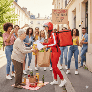 Une future mariée déguisée en livreuse de nourriture avec un casque rouge et un sac à dos thermique, recevant des provisions de la part d'une habitante pour un pique-nique d'EVJF.