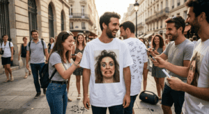 Futur marié portant un t-shirt blanc avec une photo de sa fiancée faisant une grimace, alors que des passants signent le dos du vêtement dans une rue commerçante.