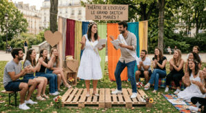 Futurs mariés sur une scène improvisée en palettes, jouant un sketch humoristique avec des scripts à la main devant leurs amis qui rient lors d'un enterrement de vie de célibataire commun.
