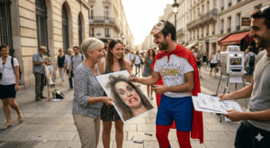 Futur marié en costume de super-héros ridicule signant des autographes sur sa propre photo imprimée pour des passants amusés lors d'un défi de rue.