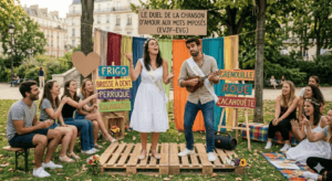 Futur marié déguisé jouant de la guitare et futur mariée déguisée chantant sur une petite scène avec des pancartes montrant des mots ridicules (frigo, cacahouète) imposés pour leur chanson d'amour, lors d'un duel musical commun pour leur EVJF/EVG