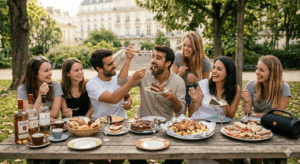 Futurs mariés et leurs amis assis à une table de pique-nique dressée dans un parc, commençant leur repas d'EVJF/EVG par le digestif et le dessert avant les plats principaux, dans le cadre d'un gage traditionnel de repas à l'envers.