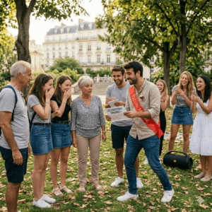 Futur marié avec une écharpe rouge tenant une liste de questions coquines et discutant avec des passants étonnés dans un parc lors d'un gage d'enterrement de vie de garçon.