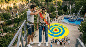 Futur marié avec un bandeau sur les yeux, guidé par ses amis vers une activité à sensations fortes (parc d'attractions ou saut), entouré de ses amis qui rient lors d'un EVG.