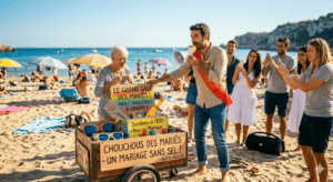 Futur marié avec une écharpe rouge utilisant un mégaphone pour vendre des boîtes de sardines et des objets insolites à une passante amusée dans une rue piétonne lors d'un EVG