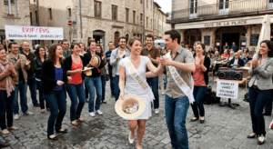 Futurs mariés relevant un défi de chorégraphie en pleine rue pour leur enterrement de vie de célibataire avec un chapeau pour récolter des pièces