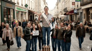 Futur marié debout sur une caisse en bois au milieu d'une rue piétonne, criant son amour à pleine voix sous les rires de ses amis lors de son EVG en 2011.