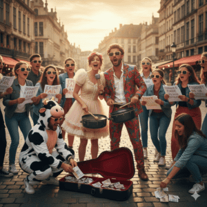 Futurs mariés et leurs amis déguisés chantant dans la rue avec des casseroles pour récolter de l'argent lors d'un enterrement de vie de célibataire