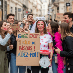 Future mariée avec des traces de rouge à lèvres sur le visage tenant une pancarte 1 kilo de bisous et une balance de cuisine pour un défi EVJF.