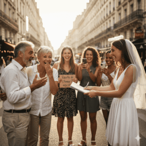 Une future mariée souriante interrogeant un couple de passants dans la rue avec un bloc-notes pour découvrir la recette de l'amour éternel.