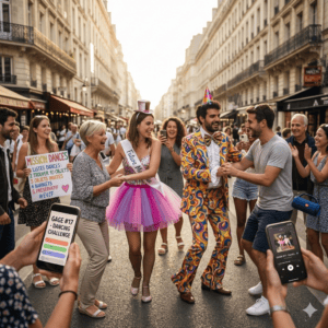 Futur marié portant un t-shirt blanc avec une photo de sa fiancée faisant une grimace, alors que des passants signent le dos du vêtement dans une rue commerçan