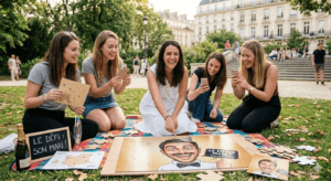 Future mariée assemblant un puzzle géant représentant une photo d'elle-même avec une grimace drôle, entourée de ses amis dans un parc lors d'un défi EVJF.Gage EVJF/EVG : Le défi du puzzle avec la photo la plus honteuse