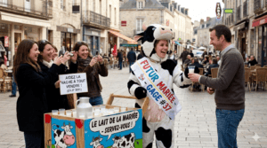Future mariée déguisée en vache distribuant des gobelets de lait aux passants dans une rue commerçante en 2011 lors de son EVJF