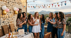 Groupe d'amies organisant un EVJF autour d'une table avec planning, kit de survie